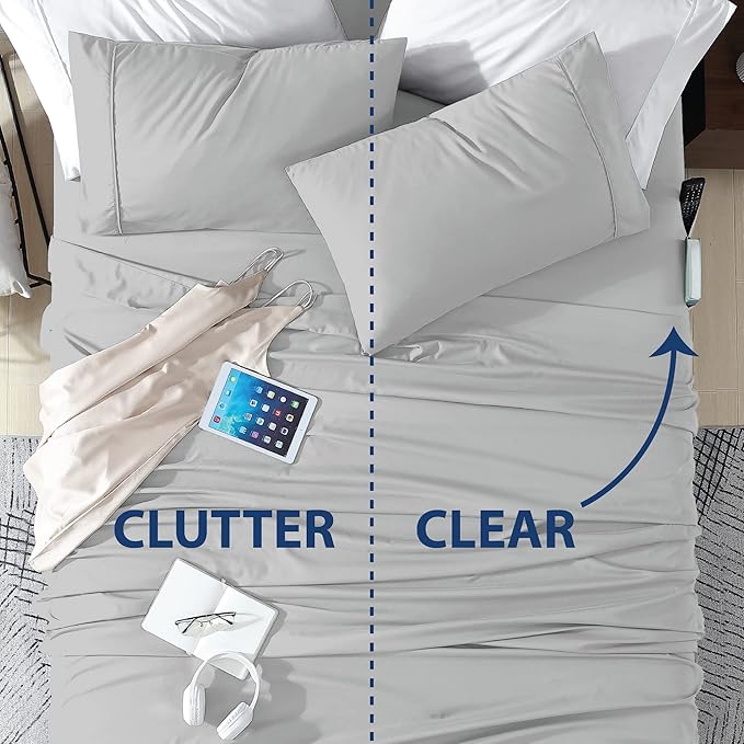 Swift Home Smart Sheets, Ultra Soft Brushed Microfiber 3-Piece Sheet Set, Fitted Bed Sheet with Side Storage Pockets – Silver, Twin XL
