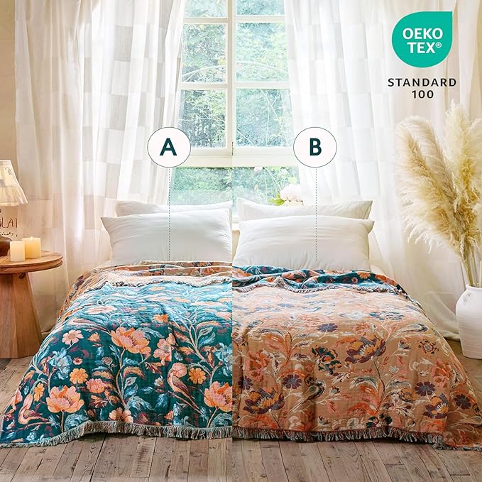 Boho Throw Blanket - 100% Cotton Ultra Soft Muslin Blanket, 50"x60" Lightweight Floral Bird Framhouse Bedding Spring Blanket for Bed, All Season Green Bohemian Bedroom Home Decor Quilt