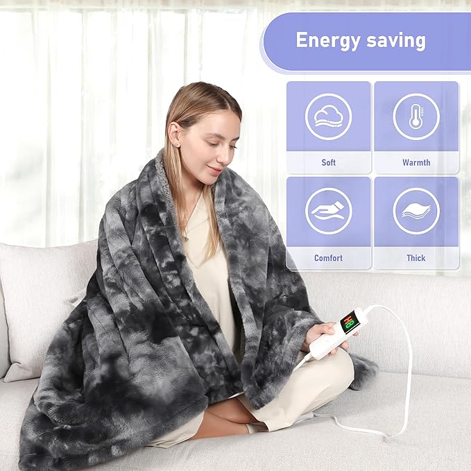 Electric Heated Blanket Queen 84''x90''Size Faux Fur Heating Blanket 10 Heating Settings, 1-8h Timer & Overheat Protection, Machine Washable, Soft Flannel and Sherpa Full Body Warmth