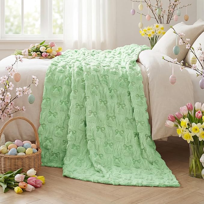 Horaldaily Easter Solid Blanket Throw, Green Rabbits Bow Soft Fuzzy Plush Faux Fur Cozy Blankets for Couch Sofa Bed Lounging, Ideal Gifts for Kids Adults Wife Self, 60x80