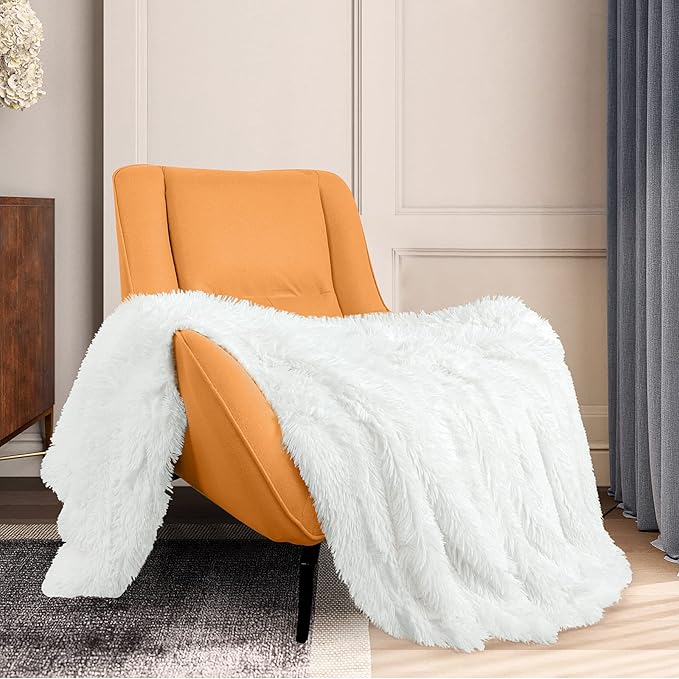 TOONOW Extra Soft Fuzzy Faux Fur Throw Blanket 50"x60", Reversible Lightweight Fluffy Cozy Plush Comfy Microfiber Fleece Decorative Shaggy Blanket for Couch Sofa Bed, Pure White