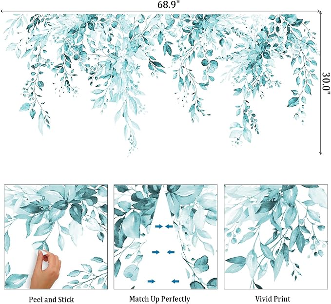 Spa Green Plants Leaves Wall Decals Peel and Stick, Large Floral Flowers Vinyl Wall Stickers, Removable Vine Home Decor Art for Bedroom Living Room Classroom Office