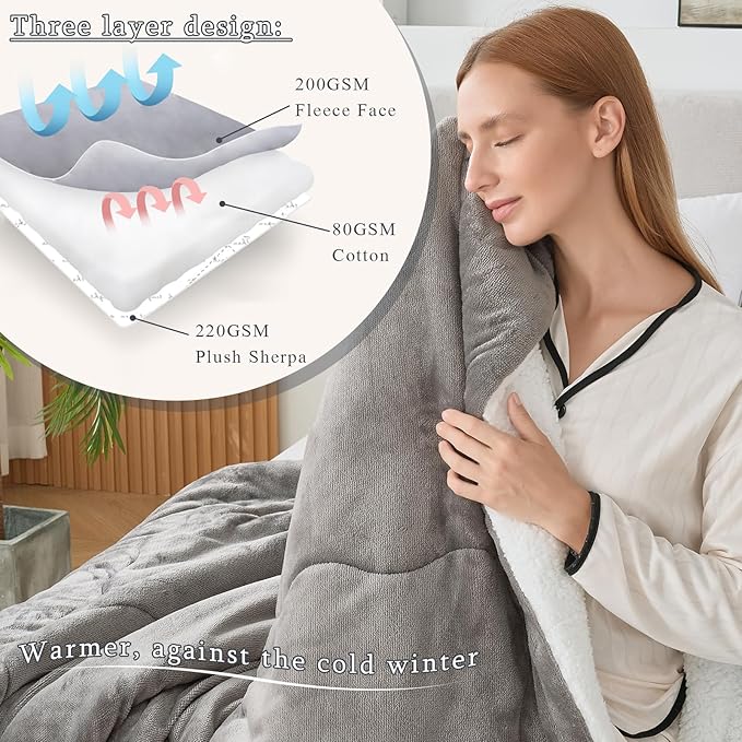 CHOSHOME Sherpa Fleece Blanket- Thick Warm Blanket for Winter, Soft Fuzzy Plush Blanket for Bed, Couch, Travel (Light Grey, Oversized King 96" x 120")