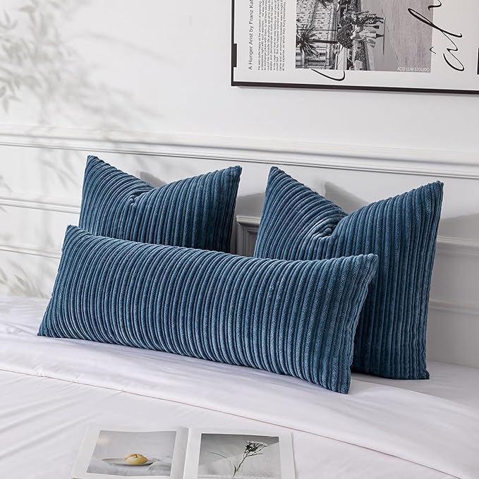UGASA 14x36 Inch Pillow Cover Pack of 1 Soft Boho Stripe Corduroy Large Long Rectangular Lumbar Cushion Cover Farmhouse Decorative Throw Pillowcase for Bed Couch Sofa Bedroom Living Room, Dusty Blue