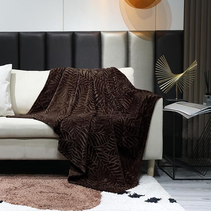 SOCHOW Super Soft Flannel Fleece Throw Blanket, Lightweight Cozy Warm Leaves Textured Plush Blanket for Bed Couch Sofa, 60 x 80 Inches, Brown