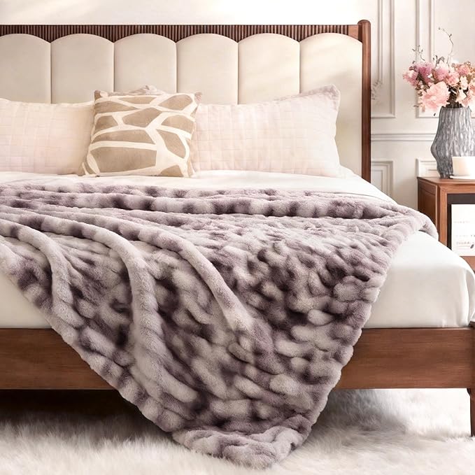 Ultra Soft Luxury Faux Fur Twin Blanket for Couch,Fuzzy Fluffy Plush Warm Cozy Ruched Blanket for Sofa Bedroom Living Room, Elegant Gift Idea for Women (60"x80",Tie-dye Taupe)
