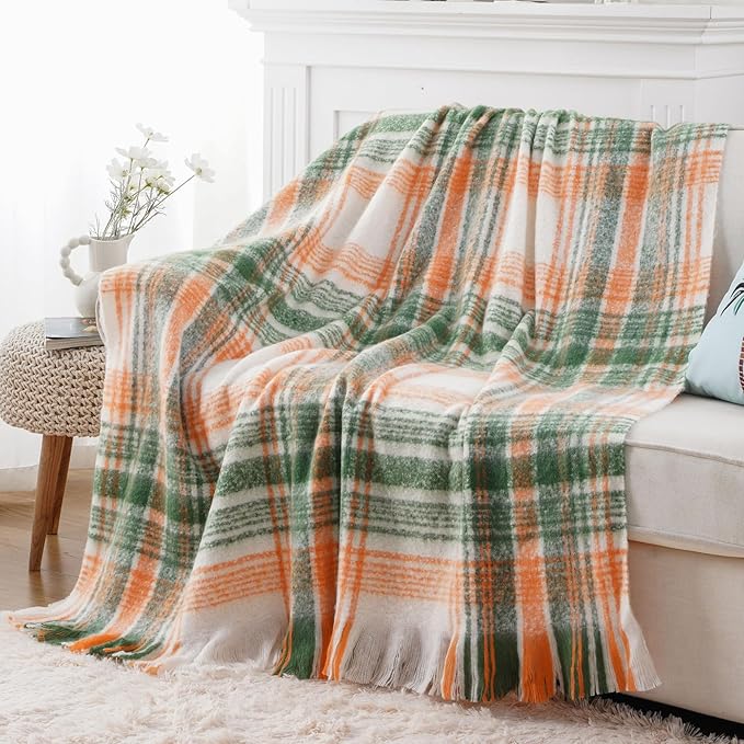 BATTILO Green Plaid Throw Blanket for Couch, Fall Mohair Tartan Plaid Blanket, Farmhouse Style Orange Throw Blankets for Home Decor(50"x60")