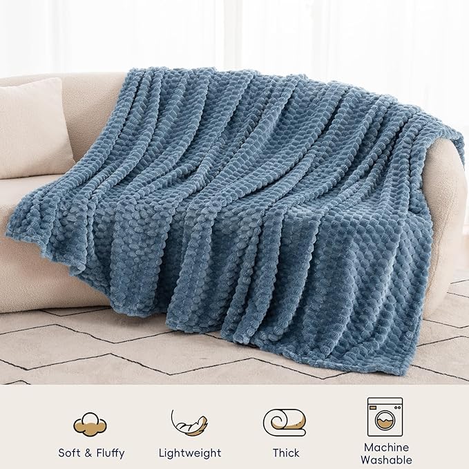 PHF Ultra Soft Flannel Fleece Blanket Queen Size, Lightweight 3D Jacquard Fleece Blanket, No Shedding, No Pilling, Luxury 340GSM Aesthetic Fluffy Cozy for Bed Room Decor, 90"x90", Denim Blue