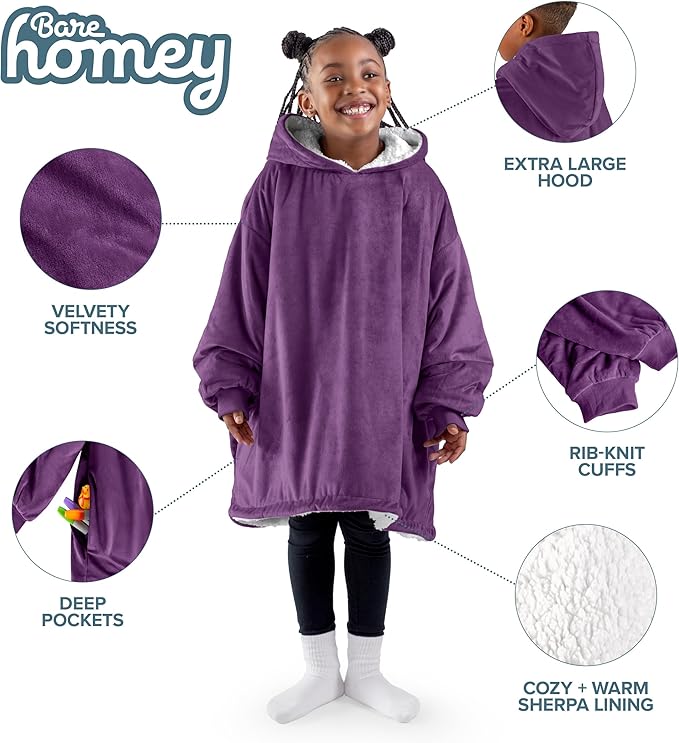 Bare Home Wearable Blanket Hoodie - Soft Plush Sherpa - Warm and Cozy - Oversized Wearable Blanket - Adult & Kid Sizes