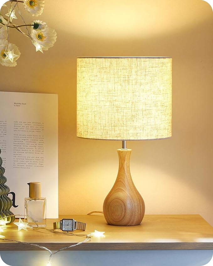 Small Table Lamp, Wood Desk Lamp with Beige Linen Lampshade & Natural Wood Bottle-Shaped Base, Modern Bedside Lamp with Cable, E26 Base, Bulb Not Included, for Bedroom, Kid's Room, ME09TL05
