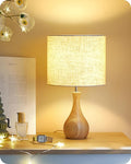 Small Table Lamp, Wood Desk Lamp with Beige Linen Lampshade & Natural Wood Bottle-Shaped Base, Modern Bedside Lamp with Cable, E26 Base, Bulb Not Included, for Bedroom, Kid's Room, ME09TL05
