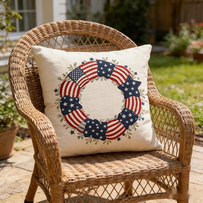 4th of July Patriotic Wreath Independence Day Throw Pillow Covers, American Flag Stars and Stripes Design, Set of 2 18x18 Pillows Linen Pillowcase