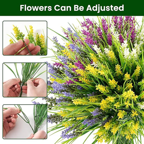 20 Bundles Artificial Plants Outdoor, UV Resistant Fake Flowers, Realistic Faux Lavender Shrubs for Porch Garden Window Box Home Decoration (White Yellow Lightpurple Rosy)
