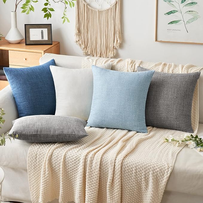 MIULEE Pack of 2 Decorative Linen Burlap Textured Pillow Covers Farmhouse Boho Accent Pillowcases Spring Coastal Home Decor for Couch Sofa Bedroom Living Room 20x20 Inch Light Blue
