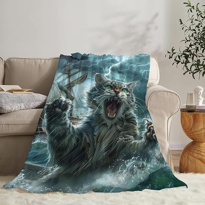 Flannel Cat Throw Blanket 80"x60" Blue and White Modern Style for Adults and Children, Lightweight, Anti-Allergy, Perfect for Napping, Reading, Travel, Camping