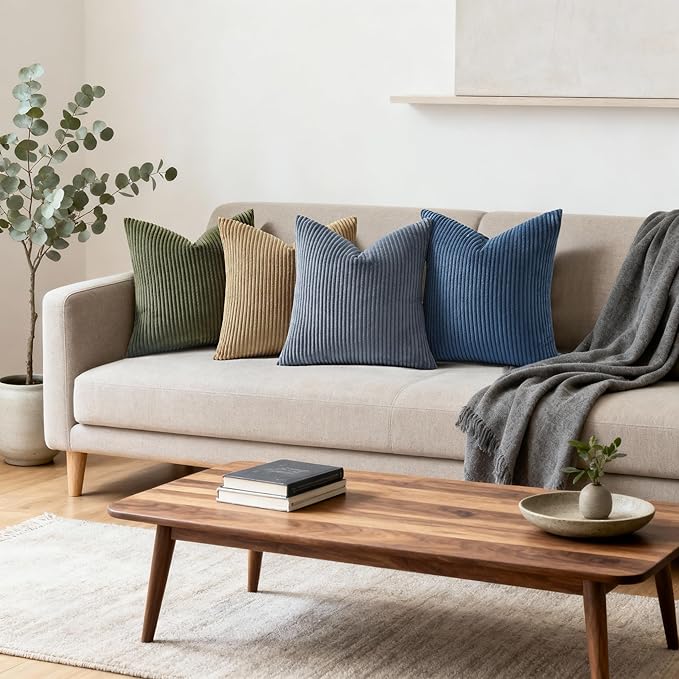 Mecatny Corduroy Decorative Throw Pillow Covers 26x26 Set of 2 for Sofa Living Room, Soft Neutral Boho Couch Pillow Covers for Home Decor, Blue Grey
