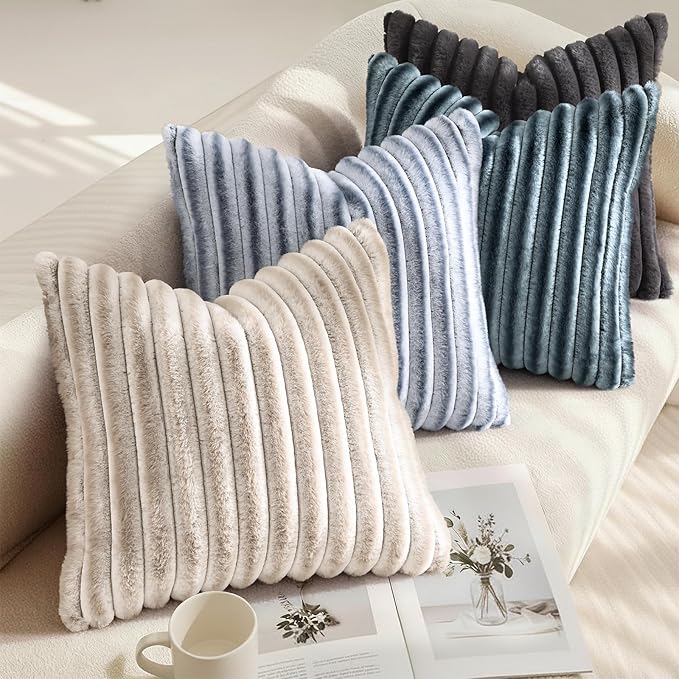 decorUhome Cozy Faux Fur Throw Pillow Covers 16x16 Set of 2 Decorative Soft Plush Striped Modern Farmhouse Boho Couch Pillow Cases with Velvet Back for Sofa Bed Living Room, Dark Grey