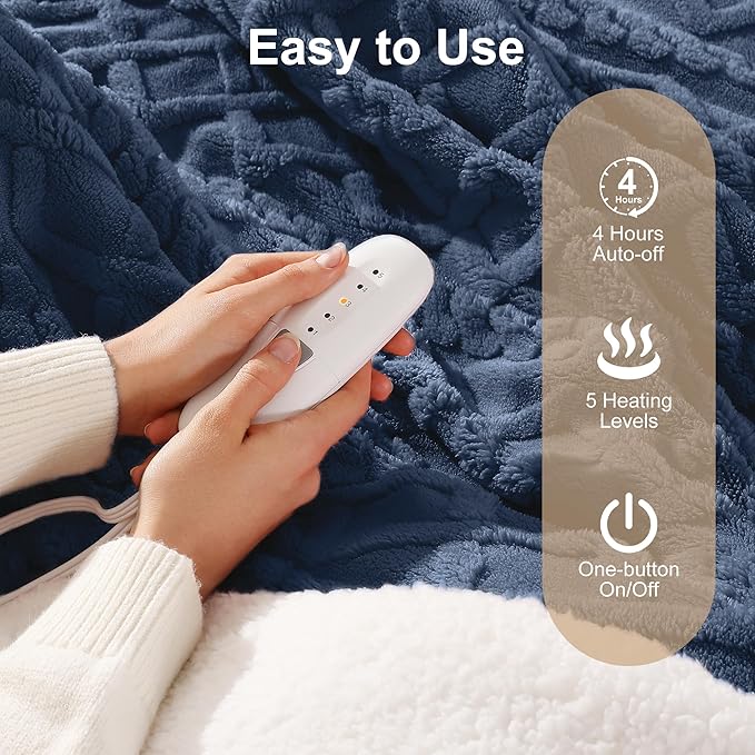 Heated Throw Blanket 50"x60" with 5 Heating Levels & 4 Hours Auto Off, Soft & Plush Sherpa Electric Blanket Throw with ETL & FCC Certification for Home Use, Machine Washable, Great Gift, Navy Blue