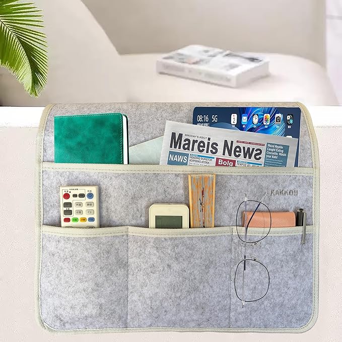 Sofa Armrest Caddy, Armchair Caddy for Recliner, Couch Organizer, Bedside Organizer, Remote Holder with Silicone Non-slip Design,4 Pockets for Magazine, Notepad,Phone, Ipad, Glasses (Light Grey-1)