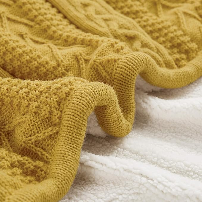 Longhui bedding Mustard Yellow Sherpa Throw Blanket - Thick, Soft, Big, Cozy Yellow Acrylic Cable Knit Fleece Blankets for Couch, Sofa, Bed - Large 60 x 80 Inches Coverlet All Season