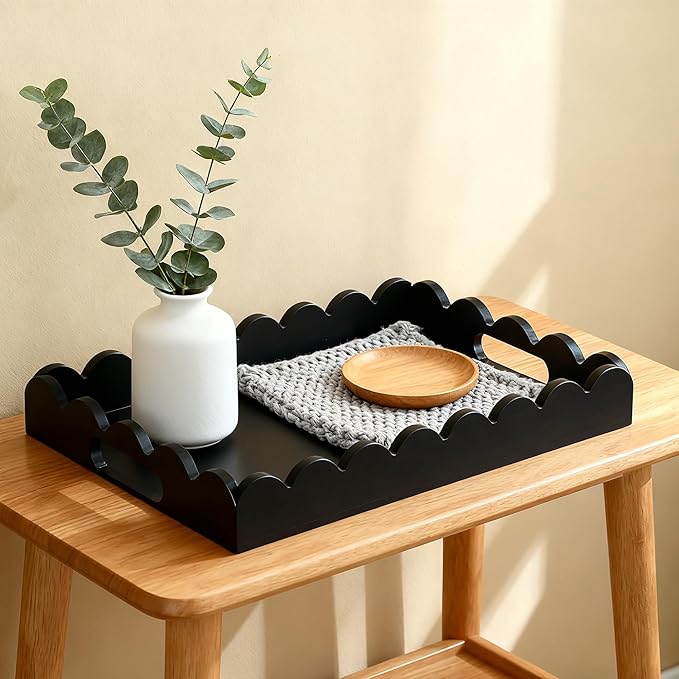 Hanobe Decorative Tray for Coffee Table: Serving Tray Decor with Scalloped Edge - Black Entryway Decor for Living Room Kitchen Counter