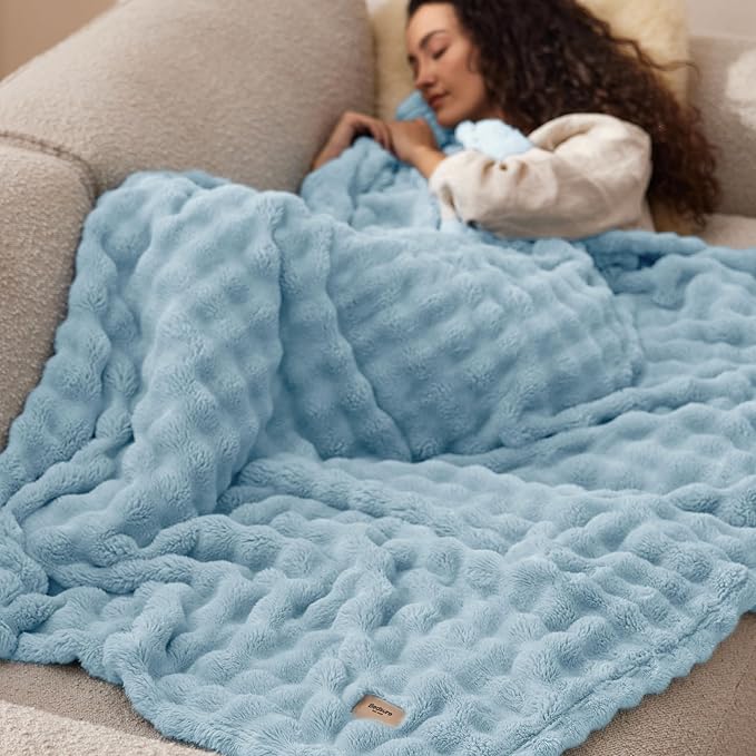 Bedsure 3D Fleece Bubble Blanket for Couch - GentleSoft Blue Throw Blanket for Sofa Bed Room Decor - Luxury Soft Cozy Gifts, Lightweight, All Seasons, Light Blue, 50"×60"