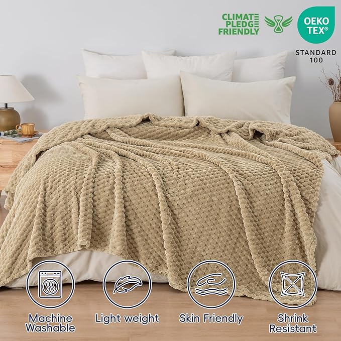 PHF Ultra Soft Flannel Fleece Blanket Queen Size, Lightweight 3D Jacquard Fleece Blanket, No Shedding, No Pilling, Luxury 340GSM Aesthetic Fluffy Cozy for Bed Room Decor, 90"x90", Khaki