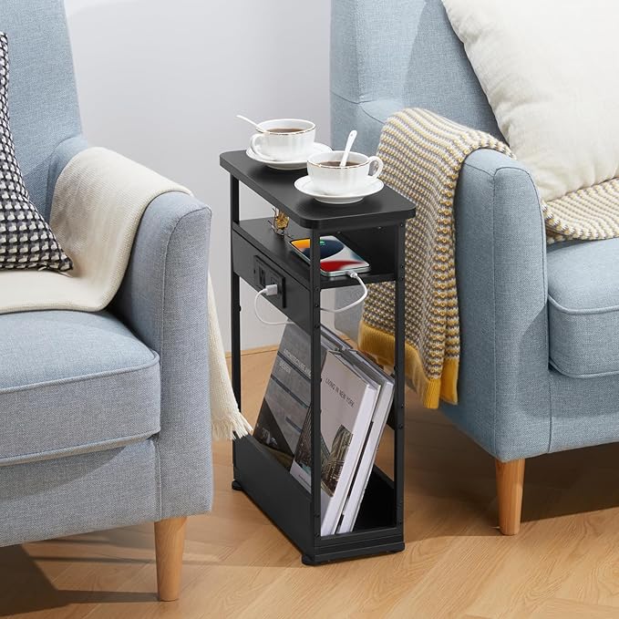 Narrow Side Table with Charging Station, 3-Tier End Table with 2 USB Ports & Power Outlets,Thin Sofa Side Table for Narrow and Small Spaces, Bedside Table Nightstand for Living Room,Black