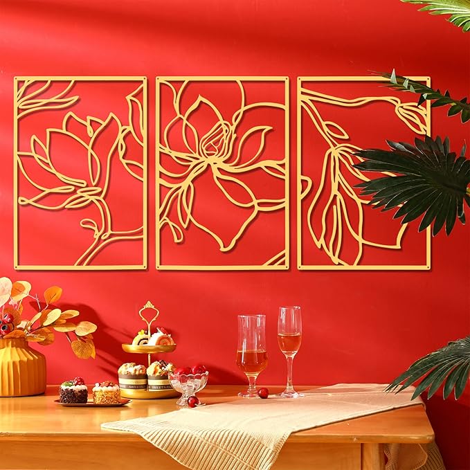 Taiyin 3 Panels Metal Flowers Wall Decor Modern Abstract Nature Floral Line Wall Sculpture Minimalist Decor Metal Home Hanging Wall Art for Home Bedroom Above Bed Wall Decor, 11.8 x 17 Inch (Gold)