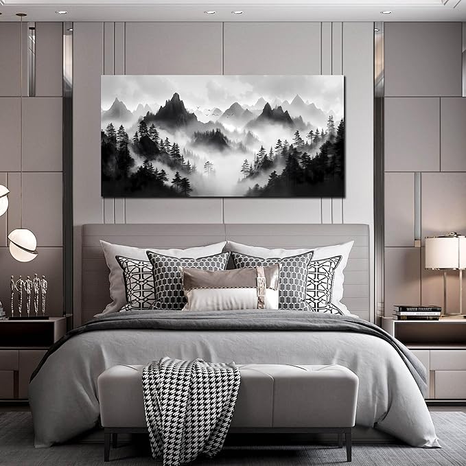 Forest Pictures Wall Art for Living Room Large Size - Mountain Landscape Art Wall Decor for Bedroom - Black and White Canvas Wall Art Size 29" x 59"