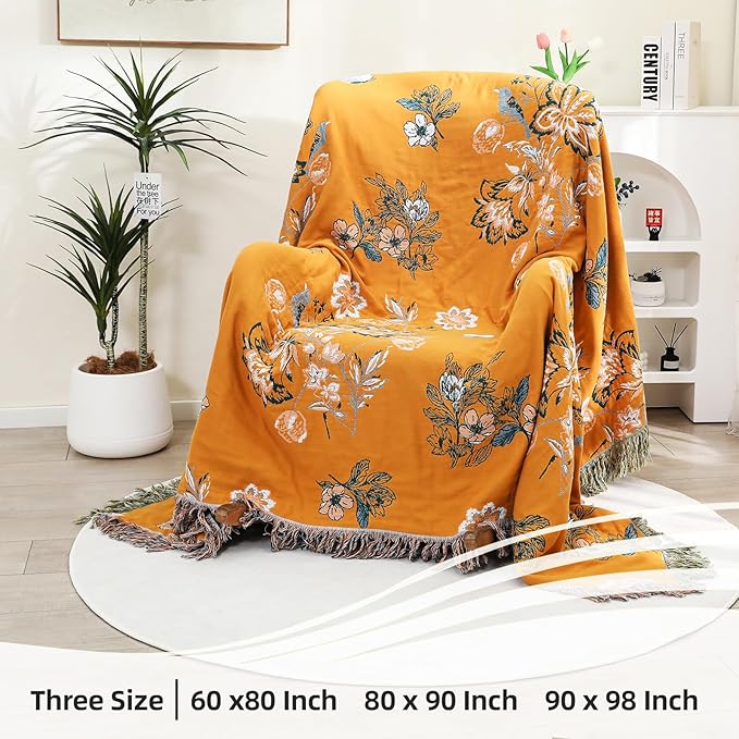 Boho Throw Blanket, 100% Organic Cotton Breathable Skin-Friendly Ultra Soft 50" x 60" Bed Yellow Throw - Floral Rustic Decor Luxury Reversible Blanket for Sofa Couch Chair and Gift,