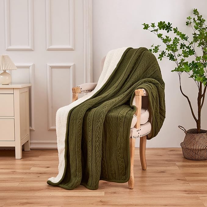 Longhui bedding Olive Green Acrylic Cable Knit Sherpa Throw Blanket - Thick, Soft, Big, Cozy Olive Green Knitted Fleece Blankets for Couch, Sofa, Bed - 50 x 63 Inches