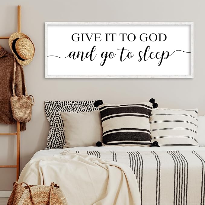 YWJKWLGS Give It To God And Go To Sleep Sign Large Bedroom Wall Decor Art 40x15 Inch Rustic Wooden Framed Above Over Bed for Peace Wall Hanging Plaque (White)