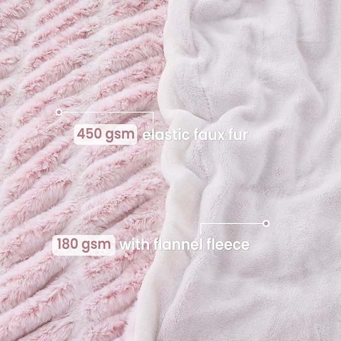 Warm Fuzzy Faux Fur Blanket, Elastic Striped Fleece Throw Blanket for Couch Sofa Bed Living Room, Light Pink Double-Sided Furry Blanket and Throws - 50"x 60"
