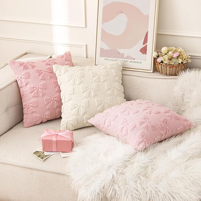 MIULEE Cream White Bow Pillow Covers Coquette Room Decor Aesthetic Set of 2 Spring Decorative Cute Girl Soft Plush Faux Pillowcase for Preppy Room Decor Bedroom Couch,18x18 Inch