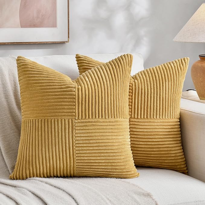 Fancy Homi 2 Packs Mustard Yellow Decorative Throw Pillow Covers 16x16 Inch for Living Room Couch Bed, Rustic Farmhouse Boho Home Decor, Soft Corss Patchwork Corduroy Textured Cushion Case 40x40 cm