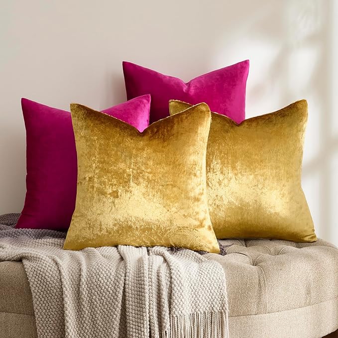 GIGIZAZA Velvet Pillow Covers 16x16,Hot Pink Gold Soft Throw Pillow Covers Set of 4 Square Decorative Modern Pillows Covers for Living Room