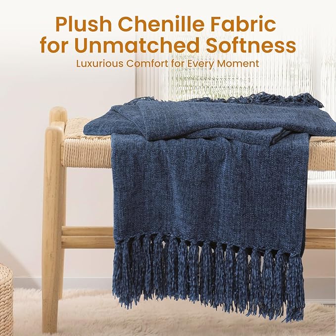 Navy Chenille Throw Blanket for Couch Bed，Soft Cozy Throw Blanket with Handmade Fringe, Decorative Blanket for Sofa Chair Living Room for Gift,Navy 60" x 80"