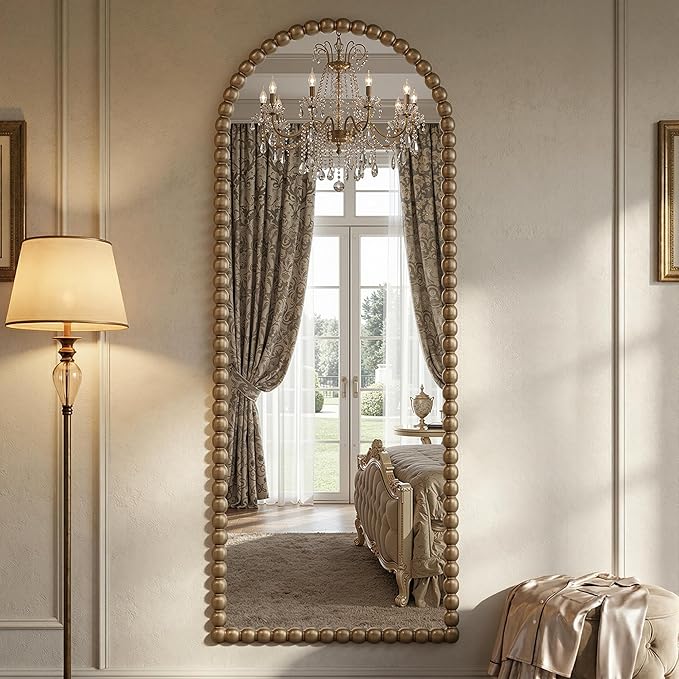 Antok 57" x 21" Arched Full Length Mirror, Antique Beaded Frame Floor Standing or Wall Mounted Mirror with Stand for Bedroom, Entryway, Bronze, Luxury Style