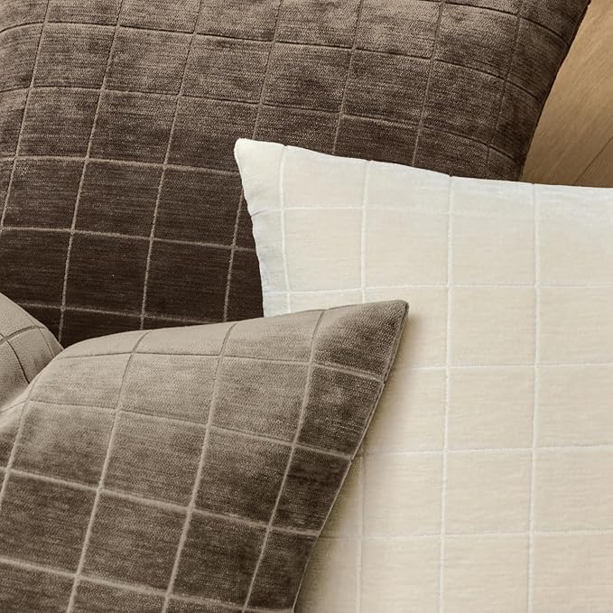 MIULEE Decorative Chenille Check Euro Shams Throw Pillow Covers Vintage Plaid Couch Pillows 26x26 Inch Set of 2 Neutral Boho Cushion Covers Modern Spring Decor for Sofa Bed Living Room Taupe Grey