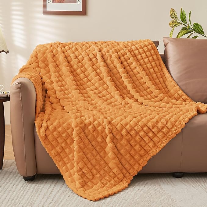 BEDELITE Updated Burnt Orange Throw Blanket for Couch and Bed- Super Soft and Warm 3D Checkered Fluffy Fuzzy Fleece Blanket, Luxurious Plush Cozy Blanket for Room Decor Spring, 50x60 inches
