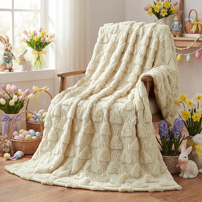 Horaldaily Easter Solid Blanket Throw, Beige Rabbits Head Soft Fuzzy Plush Faux Fur Cozy Blankets for Couch Sofa Bed Lounging, Ideal Gifts for Kids Adults Wife Self, 50x60