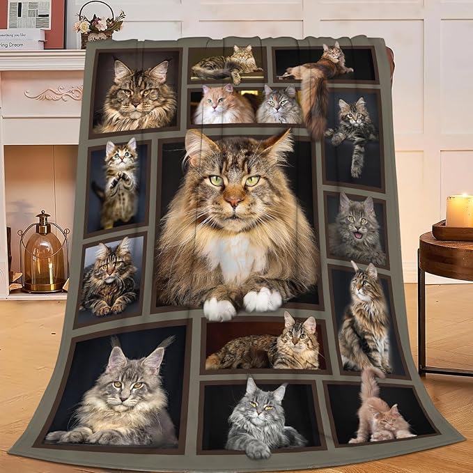 Cat Blanket for Girls Women Boys Men Adults Kids Soft Cozy Fleece Maine Coon Throw Blankets Gifts for Cat Lovers Warm Flannel Plush Stuff Lightweight Decorative for Couch Bed Sofa 80"X60"