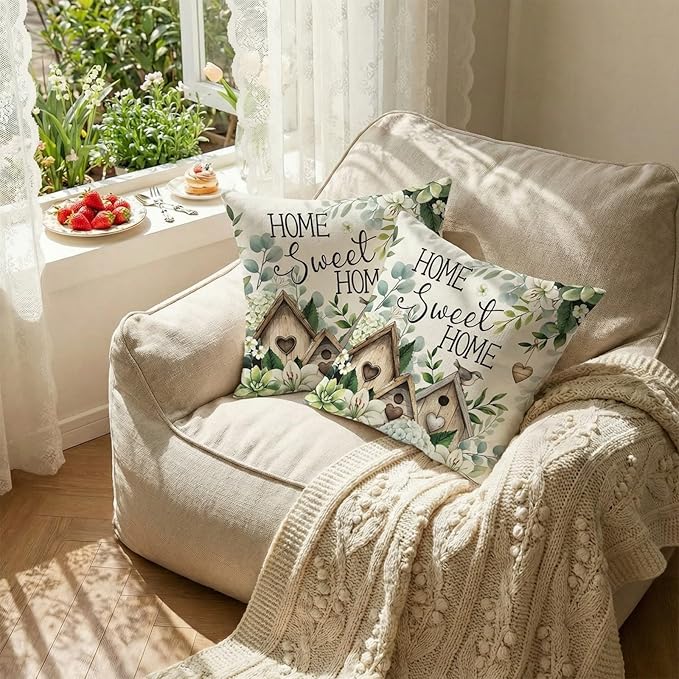 GEEORY Spring Home Sweet Home Pillow Covers Set of 2, 18x18 Inch Farmhouse Birdhouse Eucalyptus Decor Throw Pillow Cases for Sofa, Bedroom, Living Room
