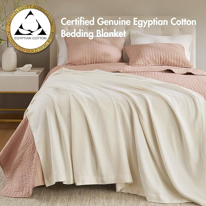 Madison Park 100% Egyptian Cotton Lightweight Summer Blanket, Breathable Waffle Knit Design, Soft Cozy All-Season Throw for Bed, Couch or Sofa, Blue Full/Queen Size (90"x90")