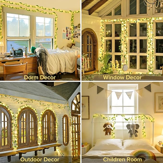 JMEXSUSS 33Ft Vines with Lights Battery Operated, 100 LED Ivy Vines with Fairy Lights Leaf with Remote for Bedroom Wall Classroom Dorm Wedding Birthday Party Decor(Warm White)