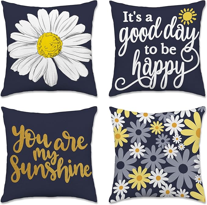 Hexagram Spring Summer Pillow Covers 18x18 Set of 4, Outdoor Floral Daisy Decorative Dark Blue Throw Pillow Covers, You are My Sunshine Farmhouse Cushion Case for Couch Sofa Indoor Decor(No Insert)