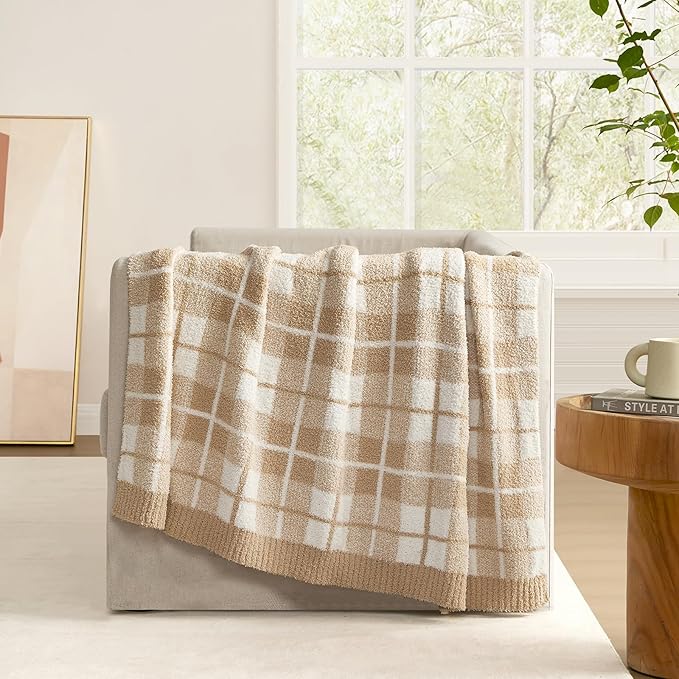 Snuggle Sac Buffalo Plaid Bedding Blanket Twin Size, Super Soft Cozy Warm Knit Decorative Blankets, Reversible Plaid Fluffy Throws for Bed, Beige Plaid, 60x80 Inches