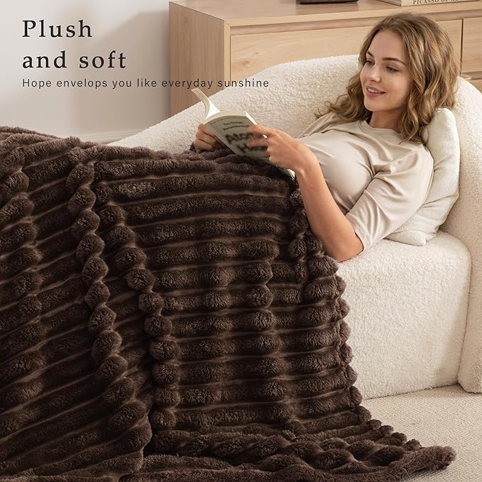 Exclusivo Mezcla Twin Size Flannel Fleece Blanket, Super Soft Striped Jacquard Bed Blanket, Lightweight Fuzzy Cozy for All Seasons, 60x80 Inches, Coffee