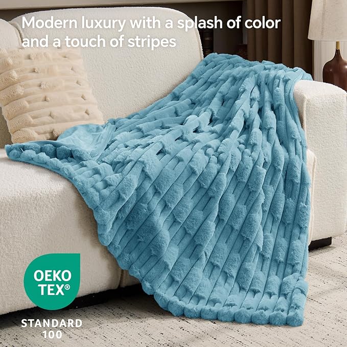 BEDELITE Faux Fur Throw Blanket for Couch - Super Soft & Cozy Plush Striped Blanket for Sofa and Room Decor, Luxury Fluffy All-Season Blankets Gift for Women, Men, Mom, Dad, 50x60 inch, Light Blue